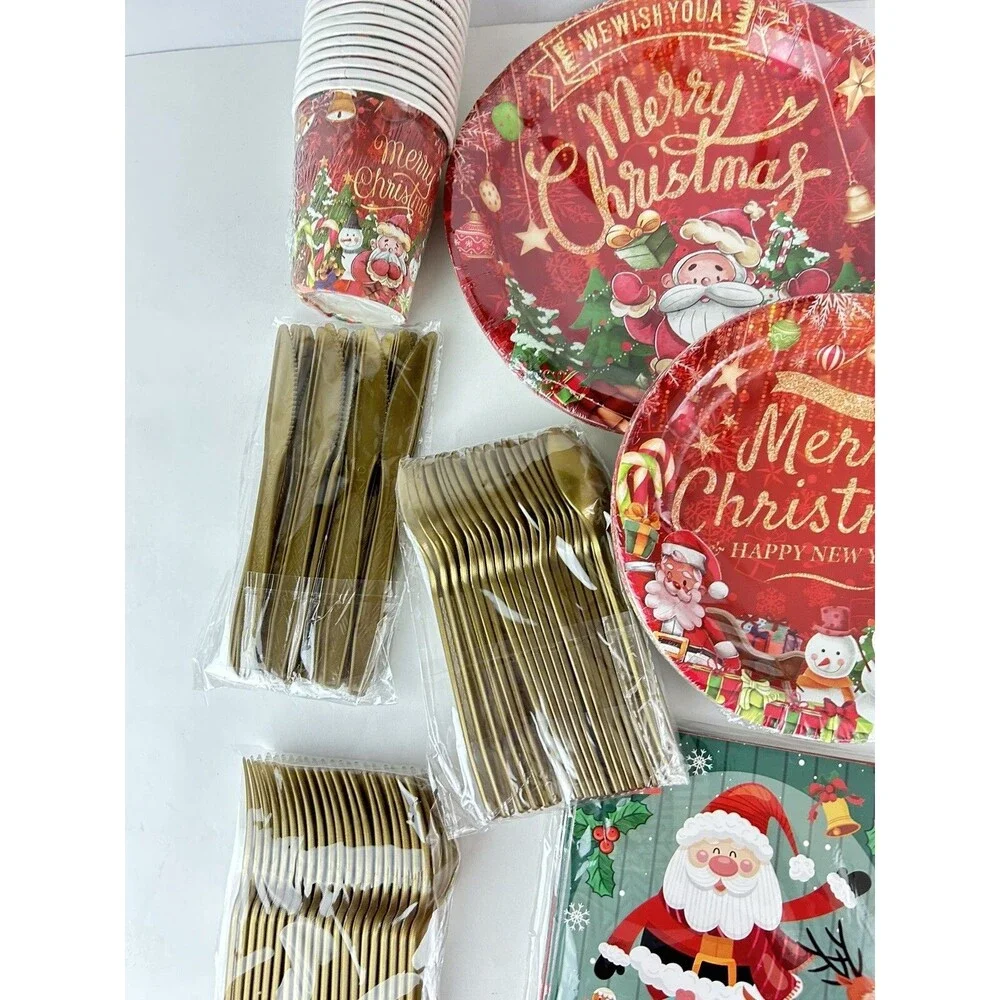 175 Pc Christmas Party Supplies Plates Napkins Merry Christmas Happy New Year